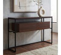 Console Hwc-P46, Table De Téléphone, Table D'appoint, Table De Rangement, Tiroir, Métal, Mdf Mélaminé, 80 X 120 X 40 Cm Aspect Noyer Marron