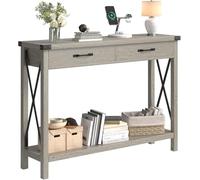 Console Meuble Grise, Console pour Entrée avec 2 Tiroirs, Table de Canapé en Bois avec étagère, Design en Forme de X ,Protections d'angle en Métal ,pour l'entrée, le Salon, le Couloir, 109x30.5x76cm