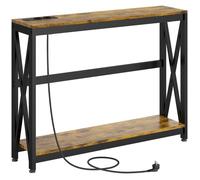 HOMCOM Table Console avec multiprise, Table de canapé avec 2 étagères, Table d'entrée étroite pour Salon, Chambre, Couloir, 100 x 24 x 75 cm, Style Industriel, Marron Rustique et Noir