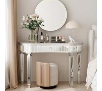 Console Miroir Gris argenté 120cm, Verre cannelé, Bouton Cristal | Miroir, tiroir verre cannelé, bouton cristal, demi-lune coins arrondis, gris argenté, 120 cm.