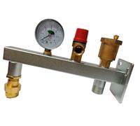 Console murale pour vase d’expansion de chaudière avec soupape de sécurité à membrane, manomètre et purgeur d’air automatique intégrés, valve d'isolement