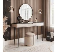 Console NAVANI 130 cm 3 tiroirs Coiffeuse Cachemire + Gris pierre Bureau pieds métal Système Soft-Close Console Table de maquillage Poignées
