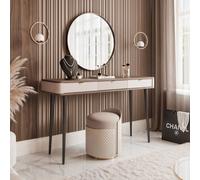 Console NAVANI 130 cm 3 tiroirs Coiffeuse Cachemire + Noyer Bureau Pieds Métalliques Système Soft-Close Console Table de maquillage Poignées