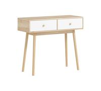 HOMCOM Console meuble, table console, console entrée style moderne, table d'entrée étroite avec 2 tiroirs et pieds en bois, bout de canapé, pour salon, entrée, couloir, 86 x 35 x 75 cm, chêne et blanc