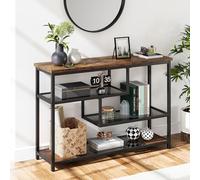Console, table de couloir, table d'entrée avec 4 étagères, étagère sur pied avec étagères en verre et cadre en métal, table basse compacte avec compartiments ouverts, table d'appoint étroite en bois