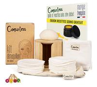 CONSOLESS Kit Zero Dechet Demaquillant Visage 18 Cotons/Disques OEKO TEX Lavable, Eponge Nettoyante Konjac, Filet Lavage, Bandeau cheveux, 4 Cure Oreille Reutilisable, Boite bambou +EBOOK Cadeau femme
