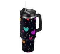 Constellation Colorful Heart Valentines Grand gobelet sous vide en acier inoxydable à large goulot avec couvercle anti-fuite et paille - Tasse à thé décorative pour la maison, le bureau ou la voiture