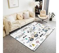 Construction Tapis de Sol 150x200cm pour Chevet,Tapis de Voiture de Dessin Animé pour Enfants,Matériel D'Excavation Tapis de Camion,Tracteur Mécanique Bulldozer Grue Salon Tapis de Sol,Bleu Blanc