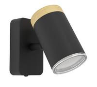 Eglo Applique murale intérieure Consuma, lampe de lecture avec spot orientable, luminaire pour salon, chambre et salle de bain, bois et acier noir, douille GU10, IP44