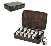 CONTACTS Boîte de Rangement pour Montre, Crazy Horse Cuir Grande Capacité Valise de Voyage Montre Protecteur D'affichage Zip Organisateur Pouch Collector (Café foncé, 12 Fentes)
