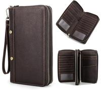 CONTACTS Hommes En Cuir Véritable Portefeuille Zipper Chéquier Titulaire Argent Billets Voyage Passeport Titulaire De La Carte Pochette Grande Capacité (Marron foncé)
