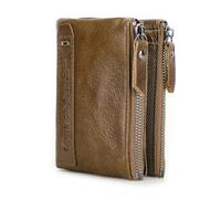 Contacts Hommes Véritable Cuir Bifold Double Zipper Coin Pocket Porte-Monnaie Marron
