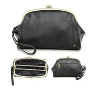 Contacts Kiss Lock Pochette en cuir véritable avec fermoir pour femme, Noir , M