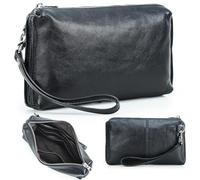 Contacts Pochette de voyage en cuir véritable pour homme avec dragonne, portefeuille à fermeture éclair avec poche zippée, grande capacité, pochette pour téléphone, sac à main vintage, Noir-1028