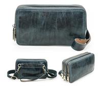 Contacts Pochette en cuir véritable avec sangle de poignet à 3 fermetures éclair, unisexe, petit sac à bandoulière, pochette, sac à bandoulière pour femme/homme, bleu foncé, S
