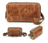 Contacts Pochette en cuir véritable avec sangle de poignet à 3 fermetures éclair, unisexe, petit sac à bandoulière, pochette, sac à bandoulière pour femme/homme, marron, S