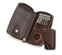 Contacts - Porte-clé en cuir pour clés de voiture, étui unisexe grand avec 2 fermetures à glissière, portefeuille en cuir, rouge marron