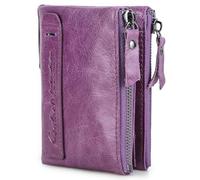 Contacts Portefeuille court RFID en cuir véritable pour homme - Porte-monnaie à deux volets - Double poche zippée, violet clair