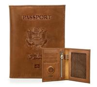 CONTACTS Portefeuille de passeport Airtag en cuir pleine fleur avec blocage RFID fait à la main, Marron camel, Badge