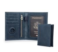 CONTACTS Portefeuille pour passeport pour homme en cuir véritable avec blocage RFID avec fente AirTag et organiseur de cartes fin pour voyage en famille, Bleu-S