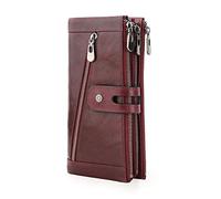 Contacts RFID Femmes Fermeture éclair Portefeuille Dame Carte Porte-Monnaie Téléphone Embrayage Portefeuille Cuir Véritable, Rouge Bordeaux, M, Vintage