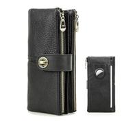 Contacts Turnlock Portefeuille pour femme en cuir Airtag avec fermeture éclair et support de téléphone RFID à deux volets, noir, Minimaliste