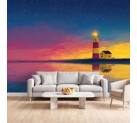 Conte De Fées Paysage Côte Papier Peint Photo Mural Plusieurs Mesures | Coucher De Soleil Rouge Et Jaune Phare Papier Peint Panoramique pour Salon Chambre D'Enfan 300 x 210 cm Intérieure