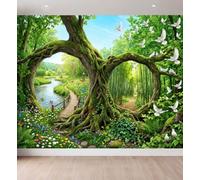Conte Féerique Papier Peint Panoramique, 250 x 175 cm Fresque Murale | Arbres Anciens Fleurs Papillons Oiseaux Papier Peint Intissé, Décoration Image Murale Pour Salon Chambre Bureau TV