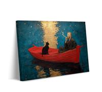 Contemplation Au Clair De Lune - Art Toile Style Van Gogh - Philosophe Solitaire & Chat Noir Dans Bateau Rouge Sous Lumière Dorée - Décoration Murale Surréaliste (art-1,80x120cm Toile enroulée)