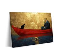 Contemplation Au Clair De Lune - Art Toile Style Van Gogh - Philosophe Solitaire & Chat Noir Dans Bateau Rouge Sous Lumière Dorée - Décoration Murale Surréaliste (30x40cm Toile enroulée,art-2)