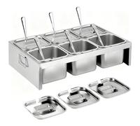 Conteneur à Ingrédients, 6×2L Bacs en Acier Inoxydable avec Couvercles & Cuillères, Station de Garnitures 6 Compartiments pour Ingrédients et Toppings, Accessoire Pizza pour Cuisine & Restauration