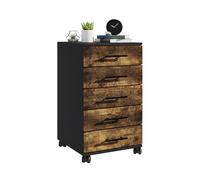 Conteneur à roulettes Relaxdays, 5 tiroirs, H x L x P : 69 x 40 x 40 cm, Bureau à roulettes, Noir/Marron