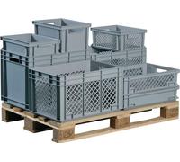 Conteneur de transport L600xl400xH320mm gris PP, paroi latérale percée