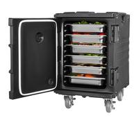VEVOR Conteneur Isotherme pour Bac Gastronorme 90 L, Boîte de Transport Alimentaire Empilable, Chargement Frontal, avec Boucle, Poignées et Roulettes, Porte-plateaux pour Restauration Cantine, Noir