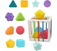 Conteneur sensoriel pour les jouets pour bébés, machine à tri pour les jouets pour bébé, cube de corde élastique de couleur et 10 formes de récipient d'apprentissage multi-sensoriel, tout-petit