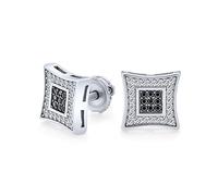 Contraste Contemporain - Boucles d'Oreilles Clous Carrés Noir & Blanc CZ Micro Pavé pour Hommes en Argent Sterling .925