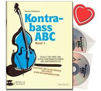 Contrebasse ABC Volume 1 - École de contrebasse avec 2 CD - École pour jeunes et plus âgés et contrebasse - Avec pince à partitions colorée en forme de cœur