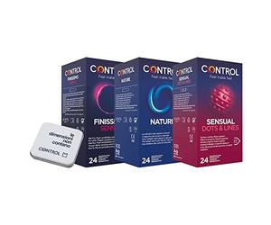 CONTROL Intense Summer Kit de préservatifs Control Nature 24 pièces, senso (0,06 mm) 24 pièces, Sensual Dots&Lines 24 pièces + 1 porte Condom Control