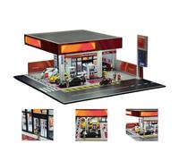 ControlCraze Modèle japonais de station-service - Modèle de scène de bâtiment miniature avec éclairage, incendies, poubelles et accessoires - Compatible avec les modèles de voitures miniatures 1/64