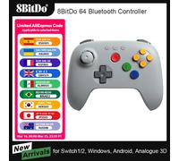 Contrôleur Bluetooth 8BitDo N64 pour 3D analogique, Nintendo Switch, Switch 2, manette de jeu pour Windows et Android Gray with Bag