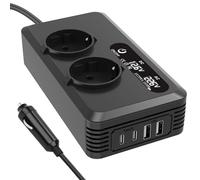 Convertisseur de tension de voiture 200 W - 12 V vers 220 V - Avec 2 prises de charge - 2 ports USB et 2 ports de type C - Adaptateur allume-cigare pour téléphone portable, ordinateur portable