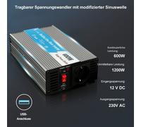 Convertisseur de tension Onduleur sinusoïdal pur 12V 230V 600W à 1200W Inverter