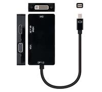 Convertisseur Mini DP vers VGA/DVI/HDMI 3 en 1 noir, longueur 15 cm. Cet adaptateur polyvalent est idéal pour connecter votre appareil Mini DisplayPort à des écrans avec entrées VGA, DVI ou HDMI.
