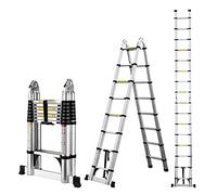 COOCHEER Telescopic Ladder, 5 m Folding Telescopic Ladder, Aluminium Telescopic Ladder, 16 Rungs, Maximum Load 150 kg, Silver