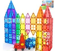 Coodoo Jeu de Construction de 100 tuiles magnétiques STEM avec 2 Voitures, Blocs sensoriels empilables pour Tout-Petits et Enfants, Cadeaux Noël Anniversaire pour garçons Filles dès 3 Ans