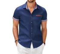 COOFANDY Camicia di Jeans a Maniche Corte Camicia da Uomo Denim a Quadri Slim fit T-Shirt per il Tempo Libero a Maniche Corte per Uomo blu 3XL