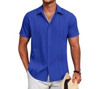 COOFANDY Chemise guayabera cubaine à manches courtes pour homme Boutonnée Chemises d'été pour la plage et les vacances, Bleu roi, Taille XL