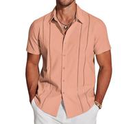 COOFANDY Chemise guayabera cubaine à manches courtes pour homme - Chemises décontractées à manches courtes en lin pour homme - Chemises d’été pour la plage, rose, Taille M