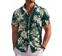 COOFANDY Chemise hawaïenne à Manches Courtes pour Homme, Chemise boutonnée à Motif Floral, Chemises Tropicales pour Vacances et Plage, Vert - Palmier, Taille M