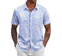 COOFANDY Chemise Hawaienne Homme Chemise a Fleur Chemises Manche Courte Plage Chemises Ete Bleu/Feuille Blanche XL